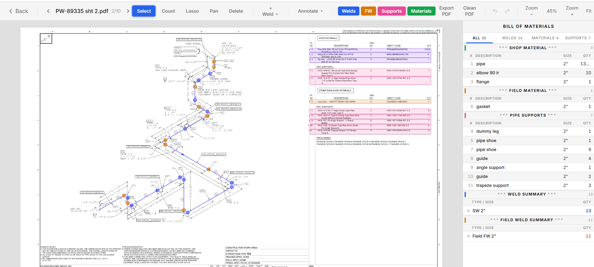 TakeOffTrak dashboard showing ISO drawing with detected welds, materials, and supports